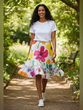 Jams World Vintage "Hattie" Skirt XL Floral Tropical Bohemian Ruffle Flowy Hem